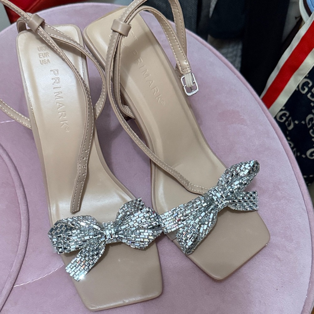 Primark Beige Heels with Glittering Silver Bow